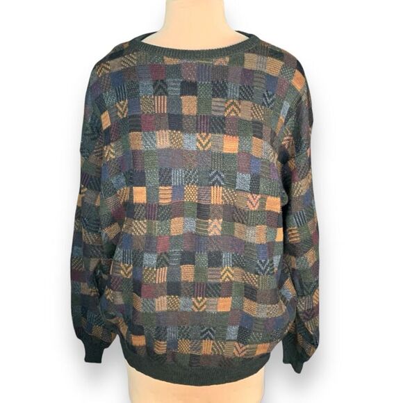 Vintage Farah Patchwork Knit Sweater Multicolor Geometric Pattern Unisex XL